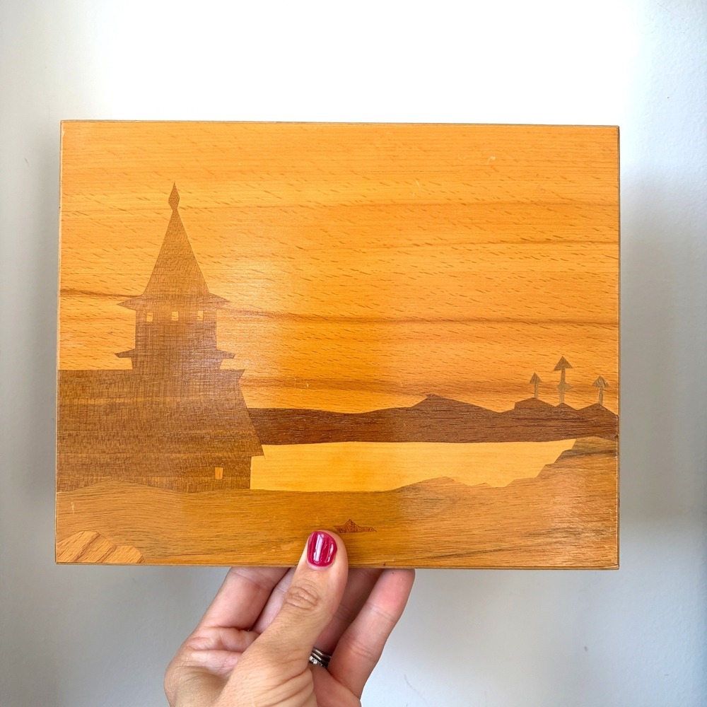 Vintage Marquetry Wood Inlay Wall Art Soviet Era Landscape 9x7